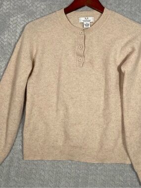 Magaschoni 100% Cashmere Waffle Knit Henley Sweater Beige Women’s Size M